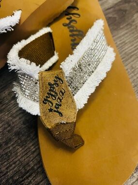 Gypsy Jazz Brown and White Rhinestone Fringe Thong Sandals